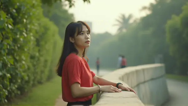 Red Blouse Figure Near Pale Barrier With Greenery