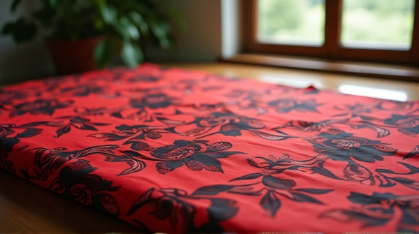 Red and black botanical fabric laid on a wooden table lit by soft natural window light