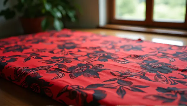 Red Botanical Fabric On Wooden Table With Natural Light