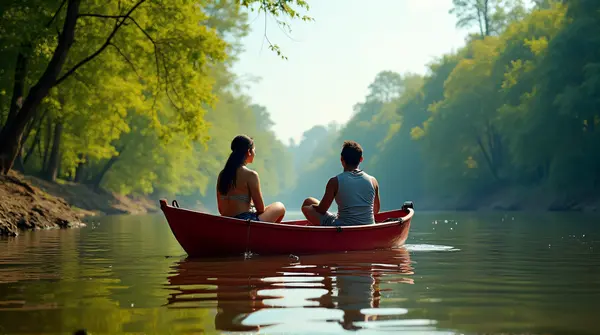 Red Canoe Ride Through Lush Green Foliage