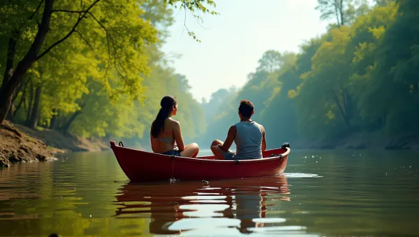 Red Canoe Ride Through Lush Green Foliage