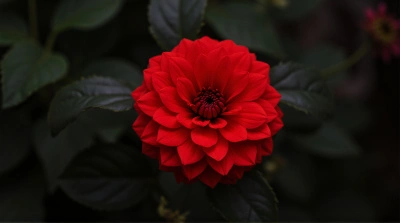 Red Flower Centered With Dark Leaves Contrast
