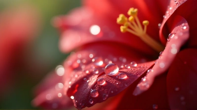 Red Flower With Dew Drops And Soft Bokeh