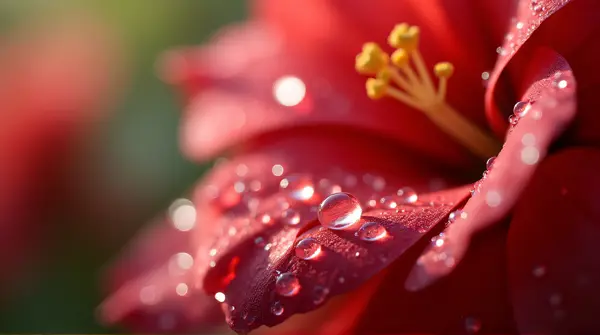 Red flower petals adorned with shimmering water droplets against a softly blurred background