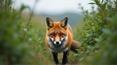 Red Fox Crouching Among Lush Greenery Focused