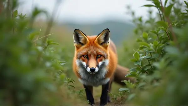 Red Fox Crouching Among Lush Greenery Focused