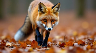 Red Fox Moving Over Fallen Leaves And Twigs