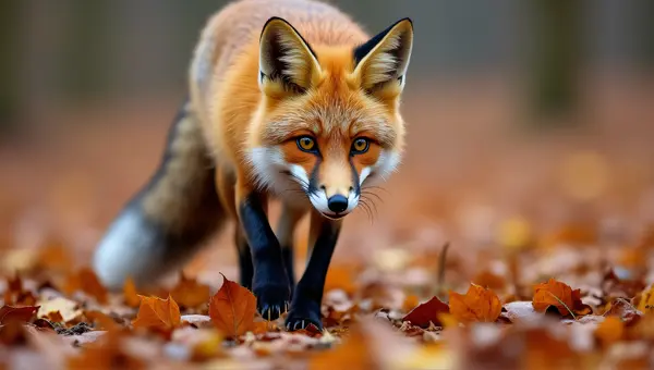 Red Fox Moving Over Fallen Leaves And Twigs