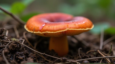 Red Fungus Cap Among Earthy Underbrush Closeup