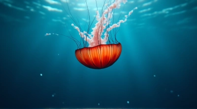 Red Jellyfish Drifting in Clear Ocean Water