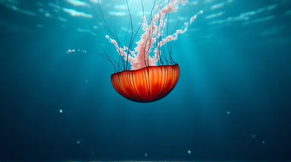 Red and ebony jellyfish drifting upward in clear blue ocean water with soft light around.