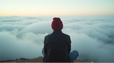 Red Knit Cap Amid Misty Fog Panorama