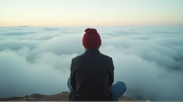 Individual in a red knit cap leaning against swirling mist under soft diffuse light in a wide panoramic setting.