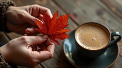Red Leaf And Hot Beverage On Rustic Surface