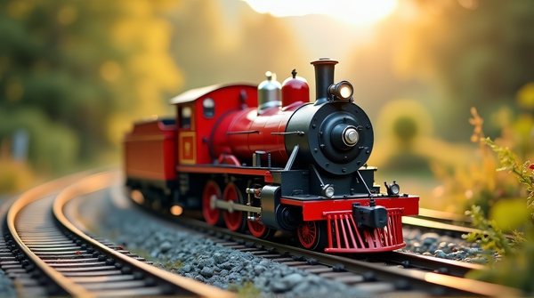 Red Locomotive Model On Scenic Railway Tracks