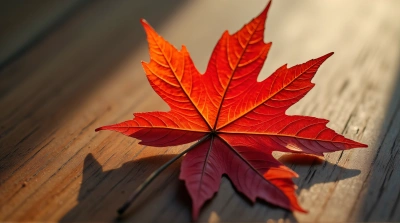 Red Maple Leaf On Wooden Surface Natural Light