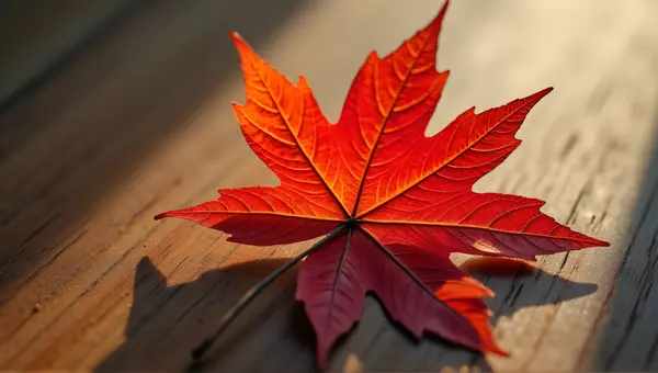 Red Maple Leaf On Wooden Surface Natural Light