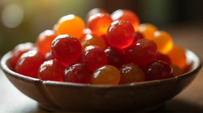Red And Orange Edible Spheres In Bowl