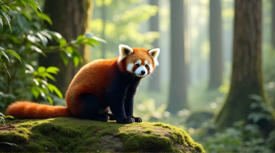 Red Panda Resting On Mossy Rock In Woodland