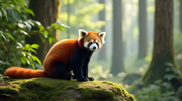 Red panda perched on a moss-covered rock with soft light filtering through tall trees
