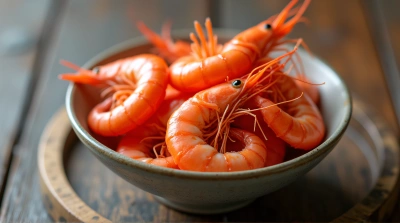 Red Shrimp Seafood Close-Up On Rustic Wood