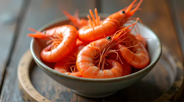 Close-up of red shrimp arranged in a smooth porcelain dish on a rustic wooden surface with soft side lighting.