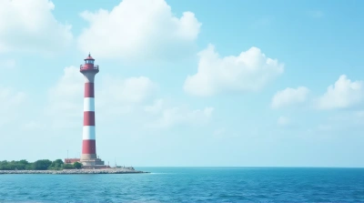 Red White Striped Lighthouse By Ocean View