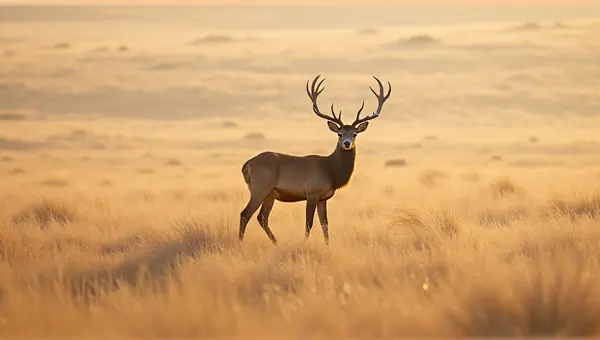 Reddish-Brown Stag On Dry Prairie Landscape
