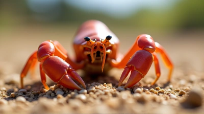 Reddish Crustacean With Detailed Claws On Granulated Earth