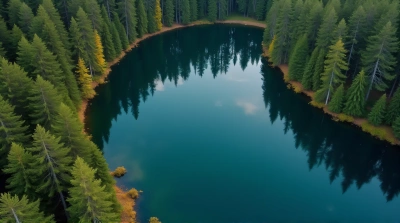 Reflective Lake Surrounded by Tall Trees Aerial View