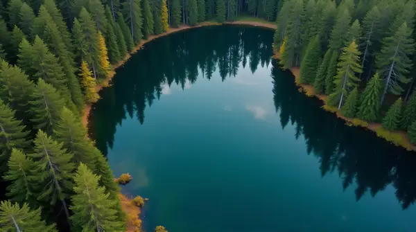 Reflective Lake Surrounded by Tall Trees Aerial View