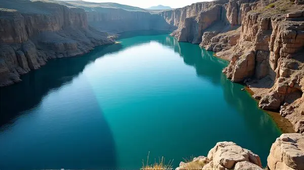 High-angle view of a reflective liquid area surrounded by textured rugged land under natural sunlight.