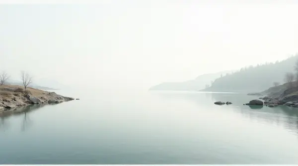 Wide reflective water surface bordered by rocks and sparse plants under a pale sky