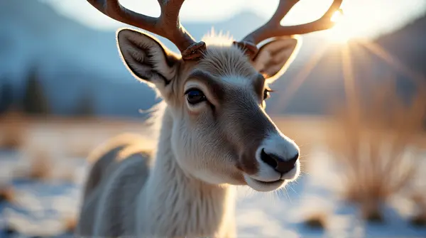 Side view of a reindeer showing textured fur and eyes in gentle natural light with a blurred background.