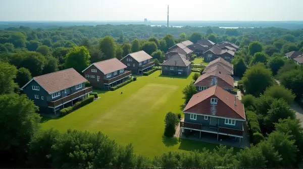 Bird’s-eye view of residential buildings grouped on a grassy area surrounded by dense foliage under a clear midday sky