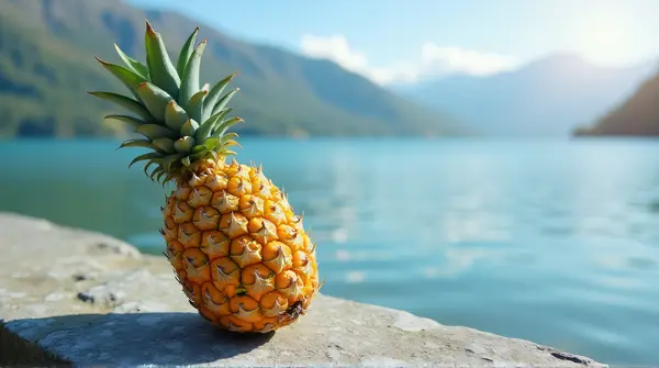 Ripe Pineapple On Slate Stone By Lake