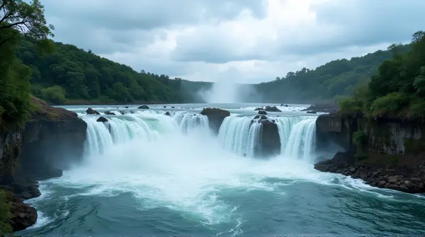 A powerful waterfall flows into a rocky basin surrounded by dense greenery beneath a cloudy sky.