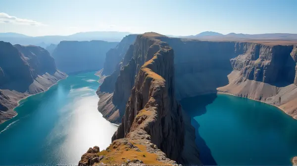Steep rocky cliff beside shimmering blue waters under a bright clear sky with sunlight casting shadows