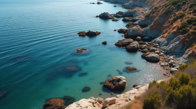 Rocky Coastline With Coastal Vegetation And Water Ripples
