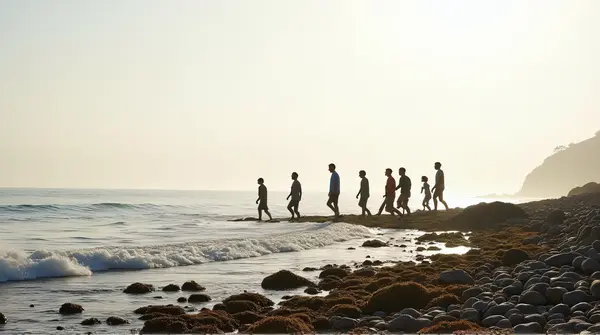 Rocky Coastline Group Exploring Morning Horizon