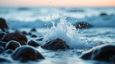 Rocky Coastline Splash Against Textured Stones