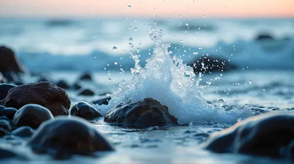 Rocky Coastline Splash Against Textured Stones