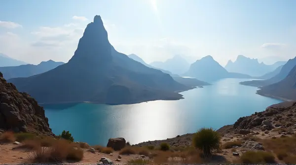 Rocky Peak Beside Shimmering Reservoir Under Open Sky