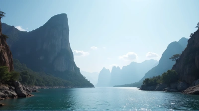 Rocky Peak Beside Shimmering Water Under Clear Sky