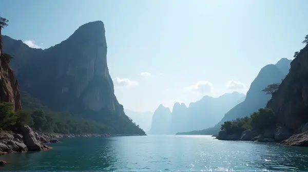 A tall rocky peak stands next to calm shimmering water beneath a clear blue sky with jagged cliffs and sparse plants.