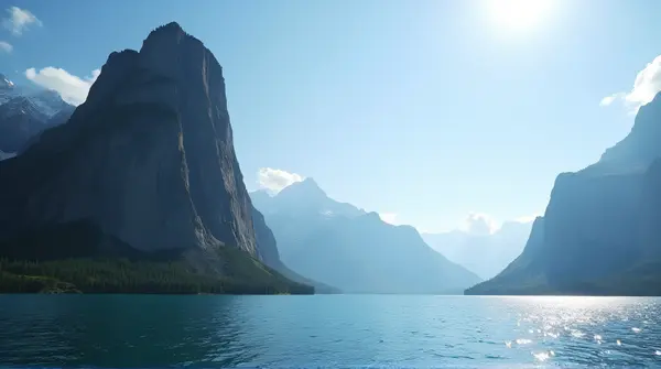 Low-angle view of a tall rocky peak beside a large shimmering lake under a clear blue sky.