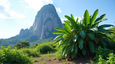 Rocky Peak Towering Over Lush Greenery Daylight