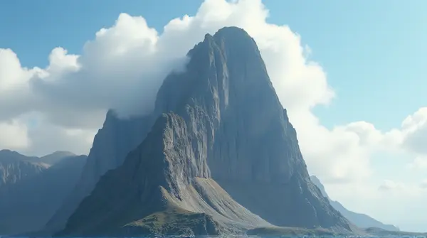 Low-angle view of a tall rocky peak with textured cliffs and pale vapor formations in bright light