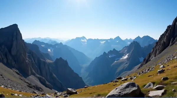 Vast rugged rocky peaks with sharp shadows and sparse alpine plants under a clear blue sky