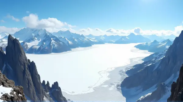 Panoramic view of tall rocky peaks and wide icy plains beneath a clear blue sky from above